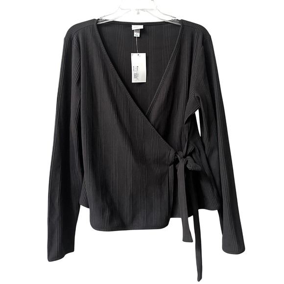 a new day Tops - a new day V Neck Wrap Front Tie Top Womens Large Black Stretchy Ribbed New